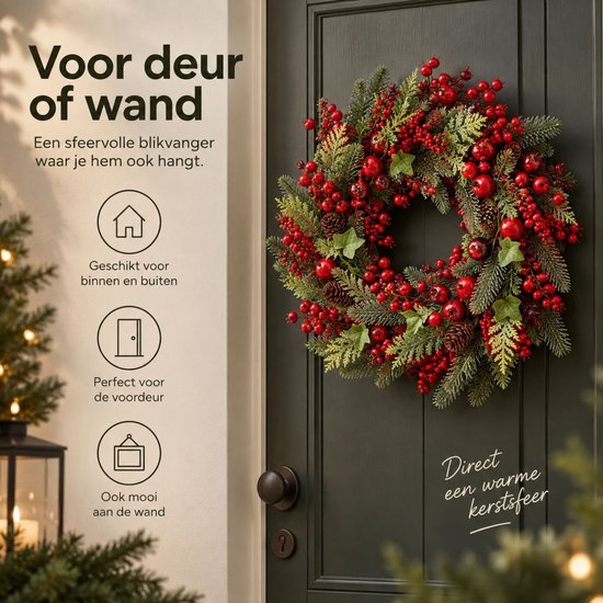 Mica Decorations Norah Weihnachtskranz mit Tannenzapfen – Weihnachtsdekoration im traditionellen Stil – Türkranz für den Flur oder die Haustür – H 13 x Ø 50 cm – Rot und Grün
