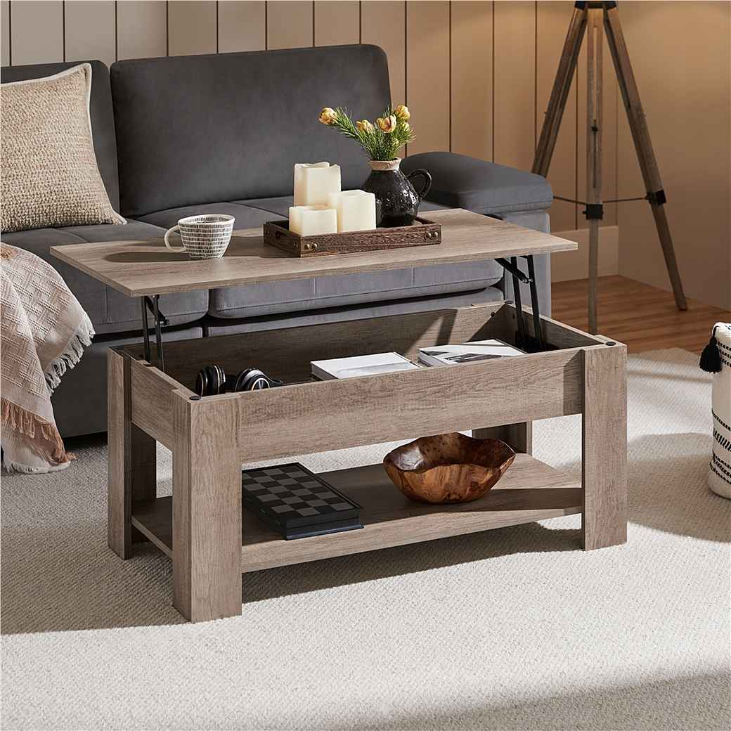 Yaheetech Couchtisch mit Hubplatte – Grau – 98 x 50 x 41,8/56 cm – Höhenverstellbar mit Stauraum