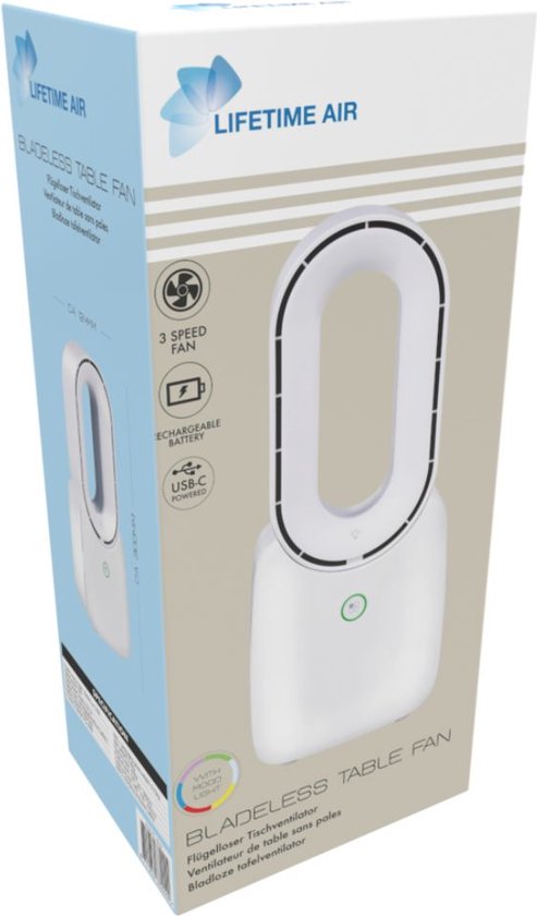 Lifetime Air Bladeless Fan - Leiser Ventilator mit drei Geschwindigkeiten - Kabelloser Tischventilator - Tischventilator mit LED-Stimmungslicht - USB-C wiederaufladbar - Kompaktes Design - 5W - Weiß