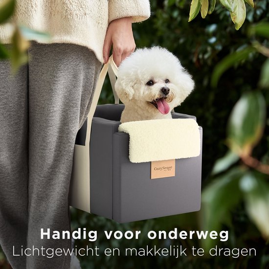 CozySense® Hundeautositz - Hundekorb Auto mit waschbarem Bezug - Für kleine Hunde - Passt in die Mittelkonsole - Auch als Tragetasche - Schwarz/Beige