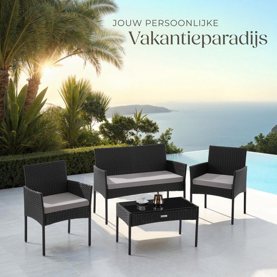 tectake® - Geflecht-Gartenset Palese - Sitzgruppe für 4 Personen - Gartenmöbel-Set mit Loungebank, Gartentisch und 2 Gartenstühlen inklusive Sitzkissen - Gartenmöbel - Wasserfest - Schwarz