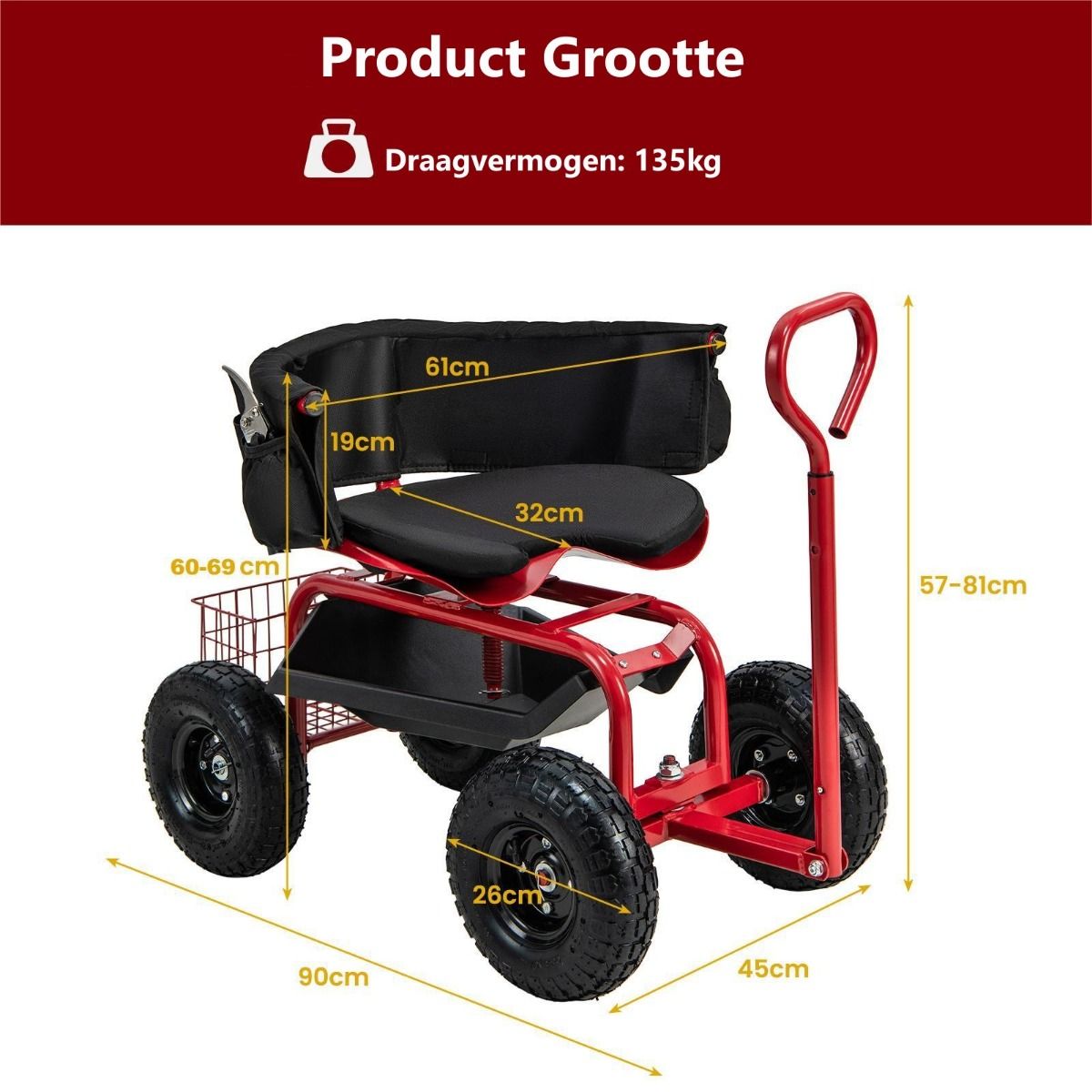Coast Gartenwagen mit Rollsitz – ausziehbarer Griff – Stauraum – rot