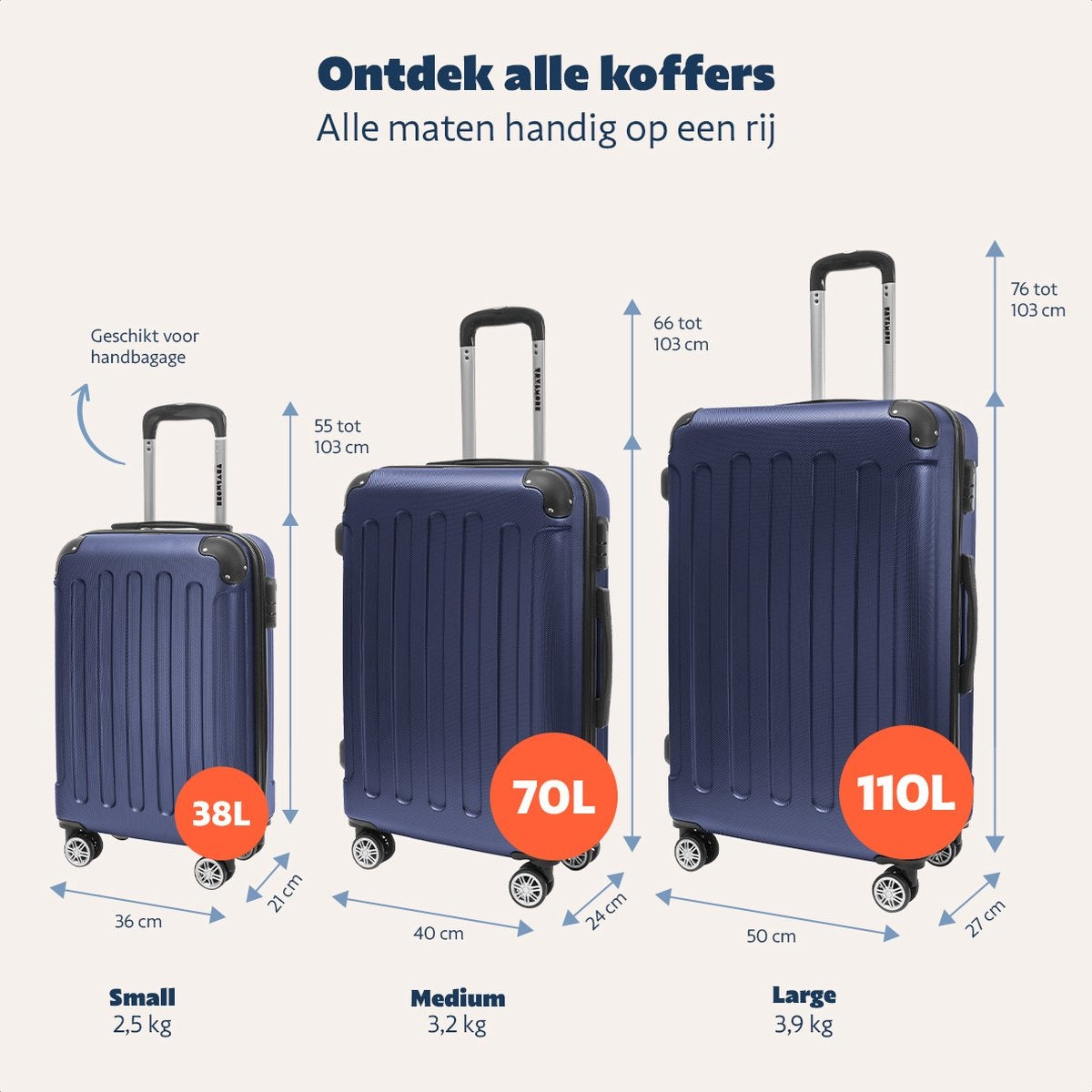 TRVLMORE - Kofferset - 3 Stück - 38L (Handgepäck) + 70L + 110L - Dunkelblau