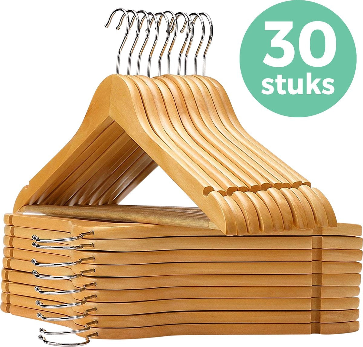 LifeGoods Kleiderbügel - Mit Hosenstange - Hartholz - Natürlich - 30 Stück