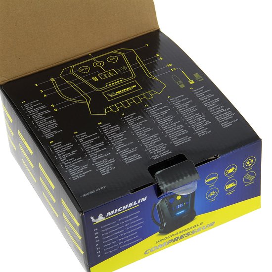 Michelin Compressor Luftpumpe 12 V – Einstellbarer Luftdruck (0,05–7 bar) – Mit USB-Anschluss – Elektrische Luftpumpe – Fahrrad/Auto/Motorrad/Ball/Luftmatratze – Mit verschiedenen Düsen