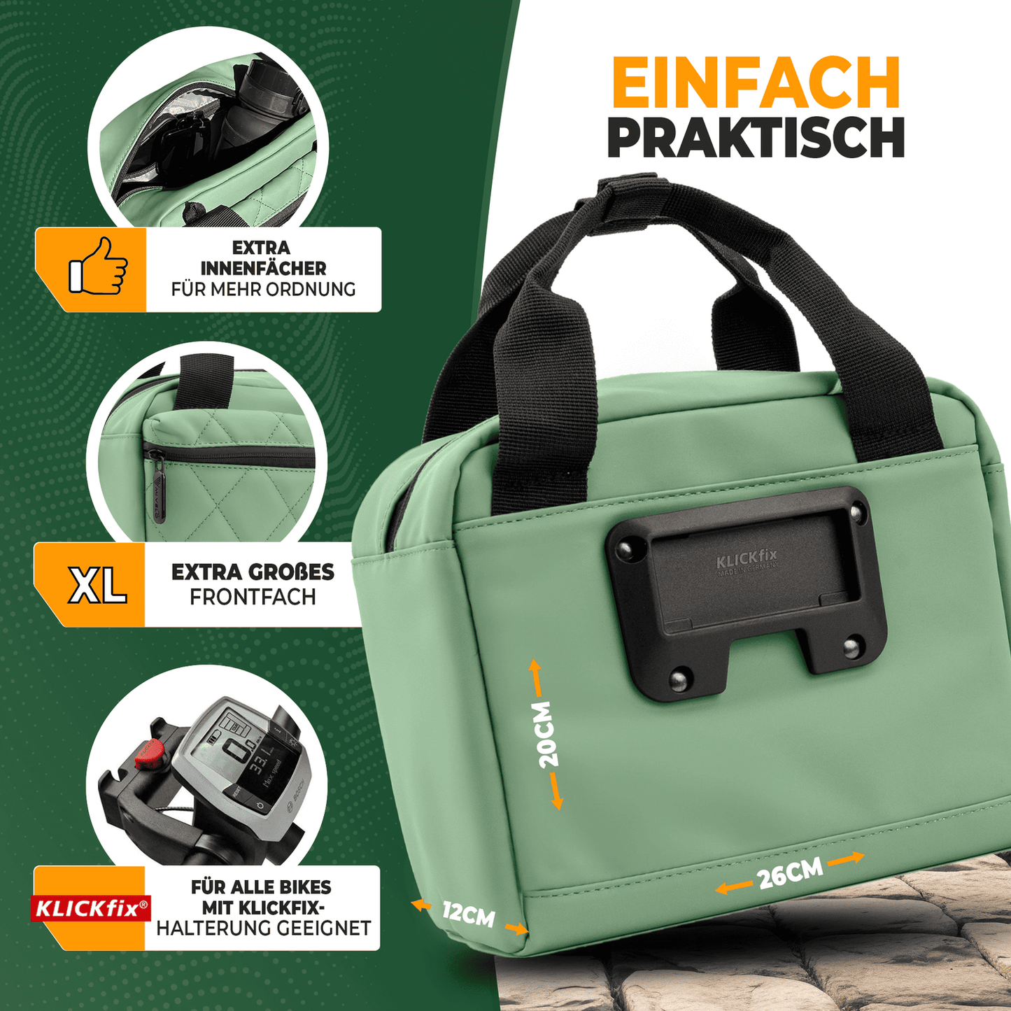 MIVELO - Lenker Fahrradtasche - Wasserabweisend - 7 Liter - Mint