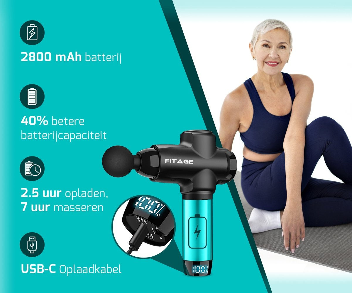 FITAGE Massage Gun Professional - 12 Aufsätze - 30 Modi - Schwarz