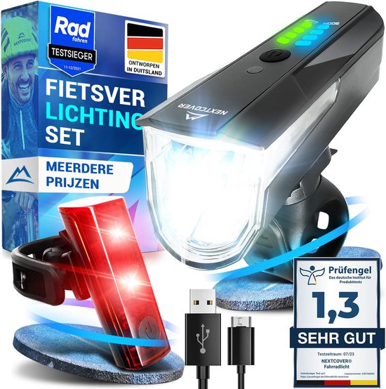Nextcover Fahrradbeleuchtungsset – 80 Lux – über USB aufladbar – LightSense – StVZO – Schwarz