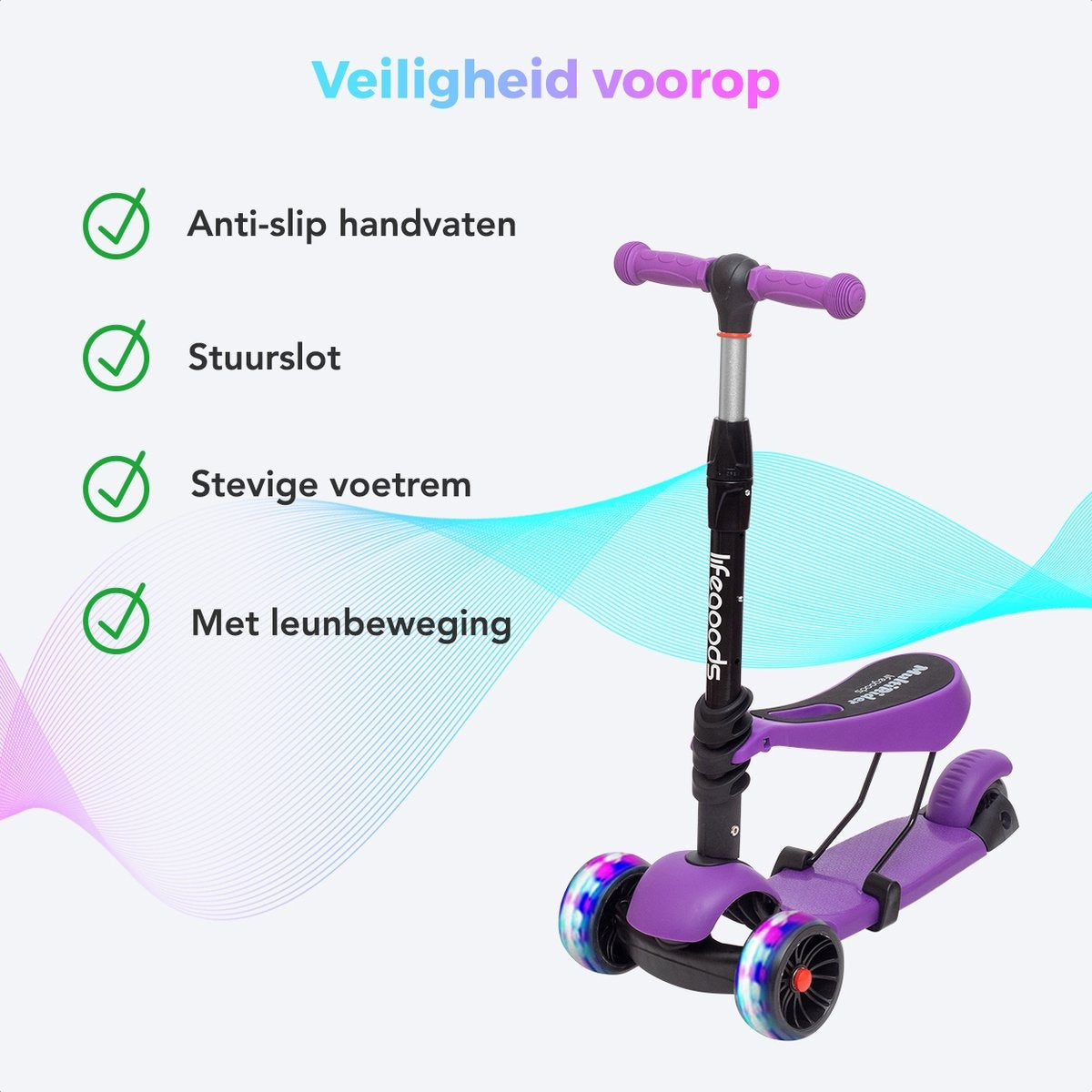 LifeGoods MultiRider Kinder-Roller - Stufe 3-8 Jahre - Verstellbarer Sitz - Leuchtende Räder - Jungen/Mädchen - Lila