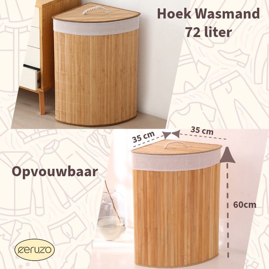 Ceruzo Bambus-Wäschekorb - Eckmodell - 72L - faltbar - Deckel - 35 x 35 x H 60 cm- Natur