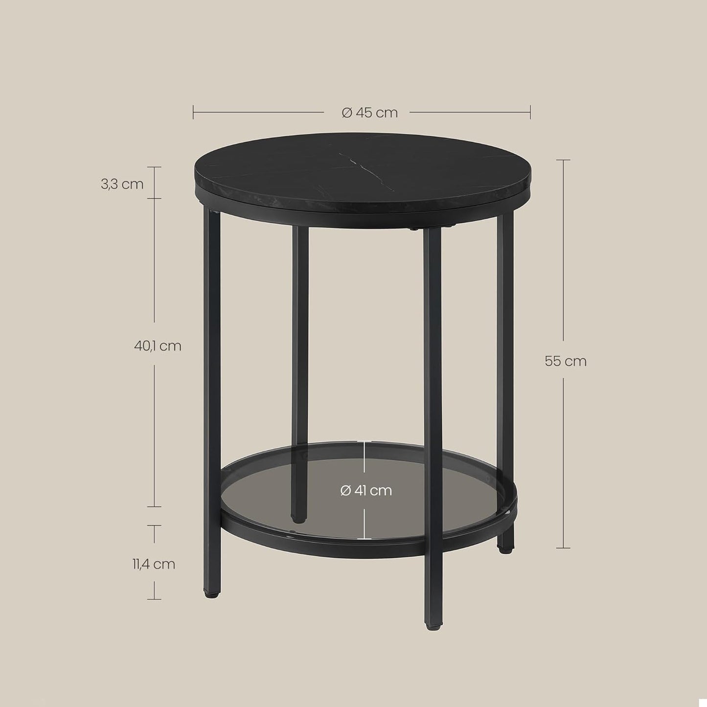 Vasagle Runder Beistelltisch mit 2 Ebenen – Tischplatte in Marmorschwarz – Stahlgestell in Tiefschwarz – Hartglas – Ø 45 x 55 cm