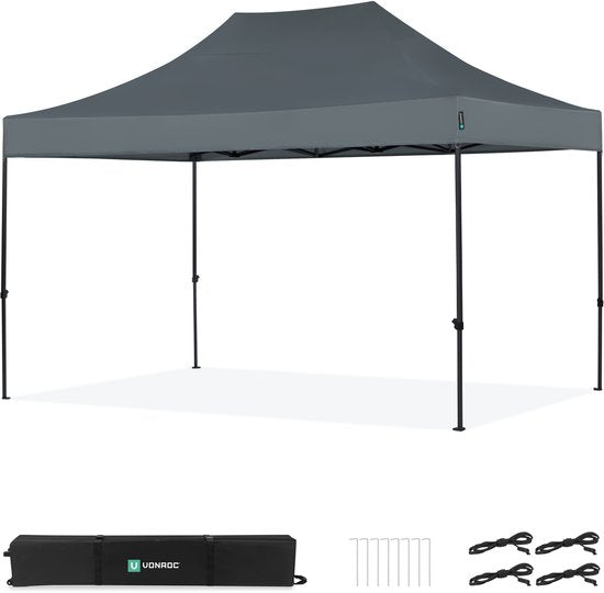 VONROC Partyzelt – 3 x 4,5 m – Premium-Easy-Up-Partyzelt – Modulares Design – Zusammenklappbar – Wasserdicht – Stahlrahmen – UV-Schutz 50+ – Inkl. Aufbewahrungstasche – Grau