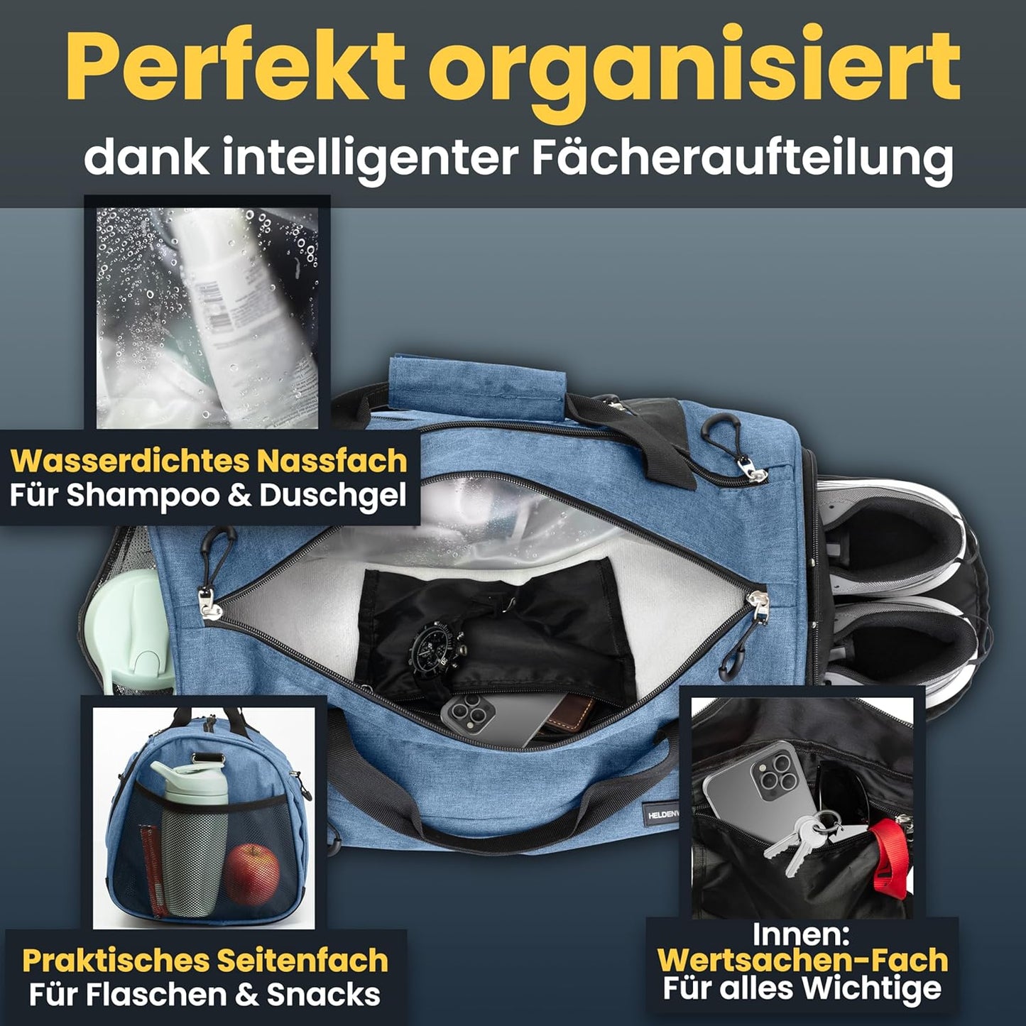 Herowerk Sporttasche mit Schuhfach und Nassfach, Trainingstasche für Damen und Herren, ideal als Reisetasche, Fitnesstasche, Trainingstasche oder Sporttasche, Dunkelblau, Sporttasche mit Schultergurt