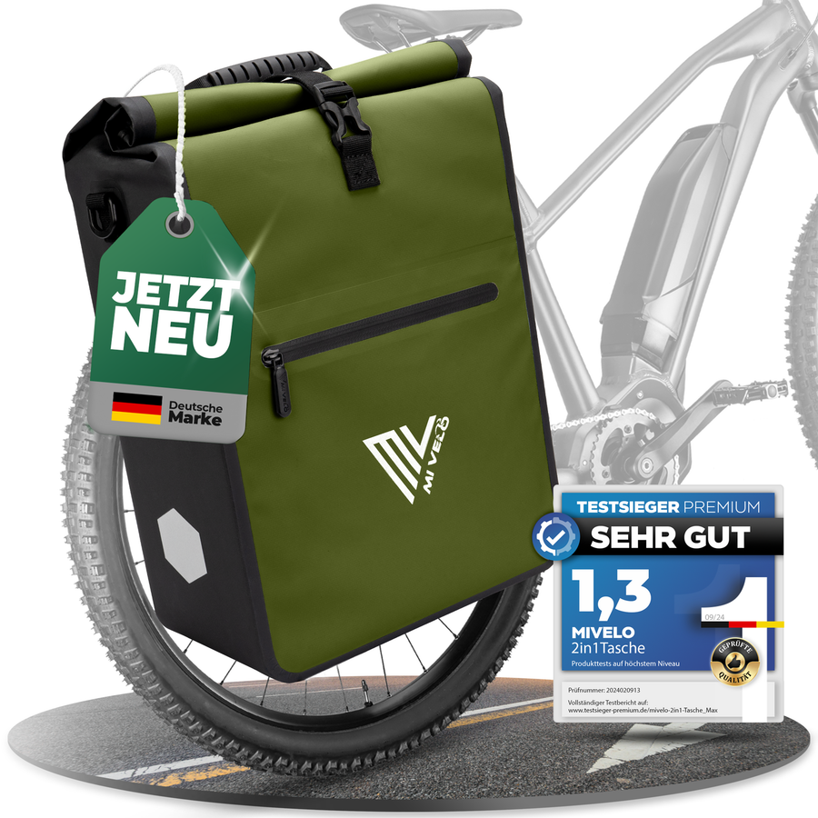 MiVelo Max - 2-in-1 wasserdichte Packtasche für Gepäckträger - Olivgrün - 25 L