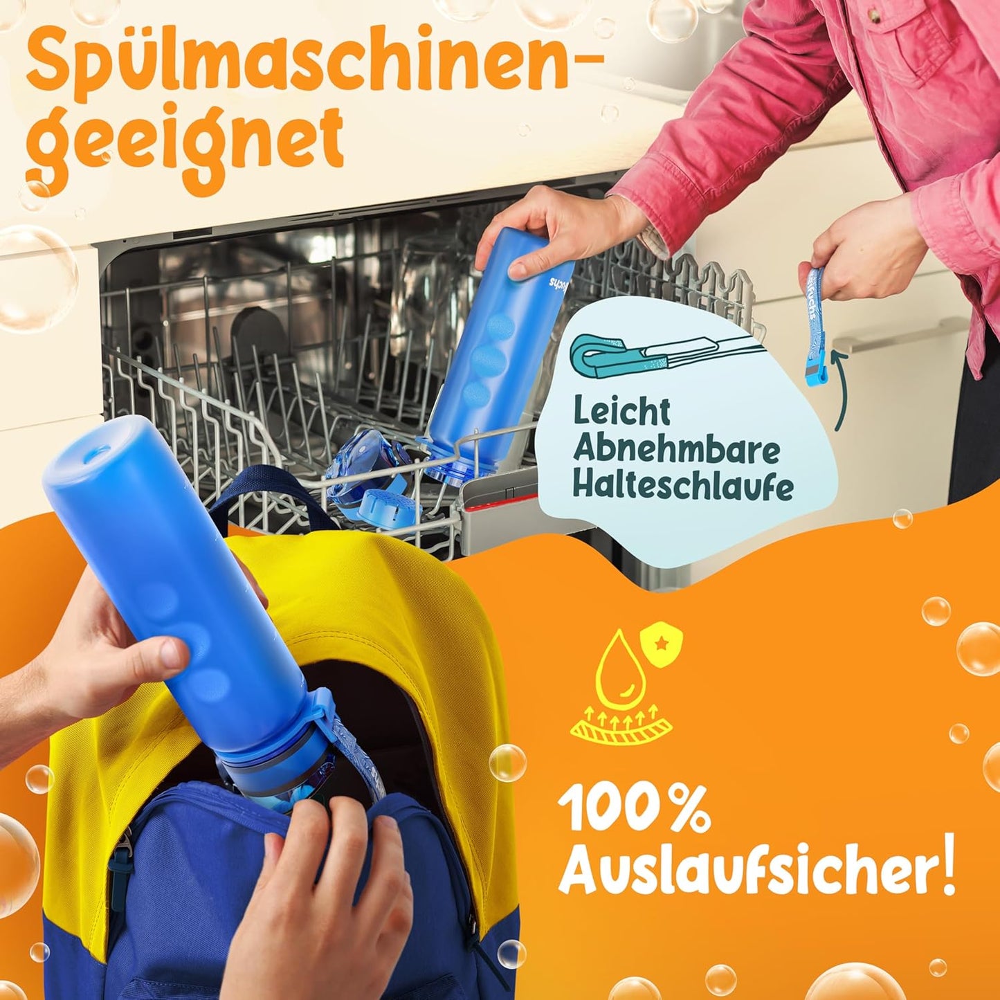 Funkelfuchs® - Trinkflasche für Kinder - 500ml, blau - mit Kohlensäure - 100% auslaufsicher - Wasserflasche spülmaschinenfest - für Kindergarten, Schule, Sport