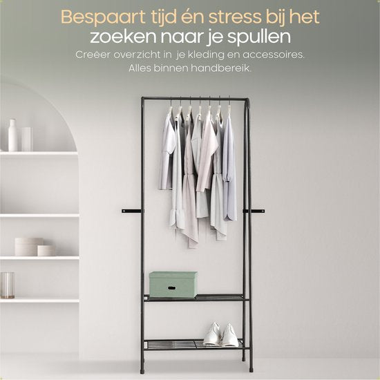 O'DADDY® Kleiderständer stehend - Aufbewahrungsregal 2 Lagen - Schuhregal - Garderobenständer mit Kleiderstange - Kleiderständer - 60 x 36 x 152 cm - Schwarzes Metall