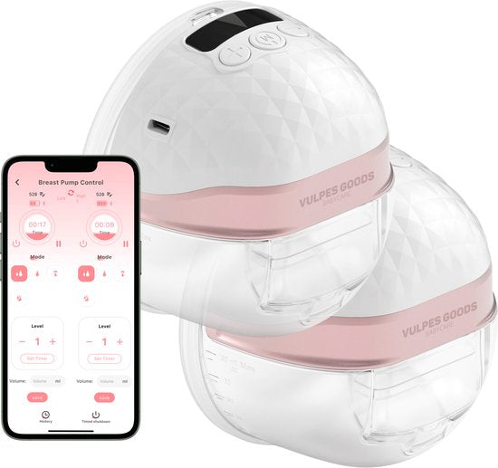 Vulpes Goods BabyCare Double Breast Pump PRO V2 - Elektrische Milchpumpe - App Steuerung - 150 ml - USB-C Wiederaufladbar - Weiß/Rose Gold