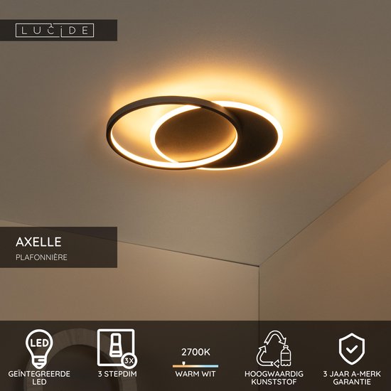 Lucide AXELLE – Deckenleuchte – Ø 29,5 cm – LED 3-Stufen-Dimmer – 1x24 W, 2700 K – Schwarz