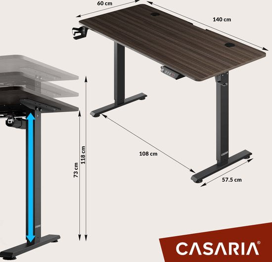 Casaria Sitz-Steh-Schreibtisch - Höhenverstellbar Elektrisch - 140x60cm Braun