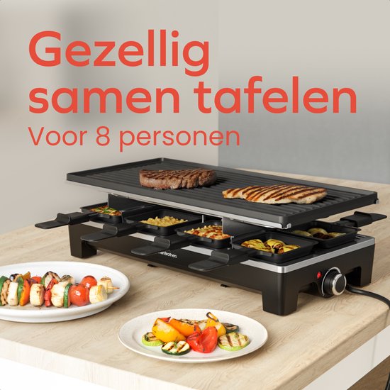 KitchenBrothers Gourmet Set - 1500W - Gourmetteller 8 Personen - Set mit Pfannen und Spateln - 46,5 x 23 cm - Schwarz