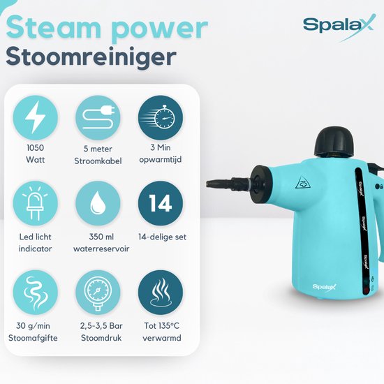 Spalax 14-in-1 Dampfreiniger - 3,5 Bar Handdampfreiniger - Fleckenreiniger - Dampfreinigung von Boden, Sofa, Teppich und Kleidung - Handdampfer - Teppichreiniger - 1050W - 350 ML