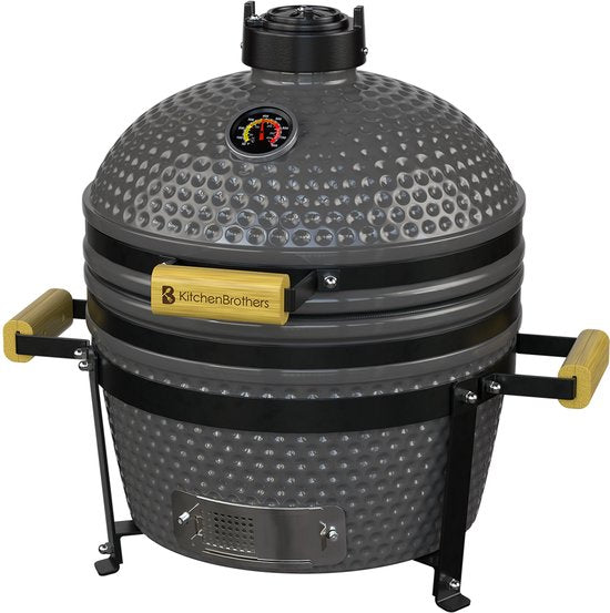 KitchenBrothers Kamado BBQ - 16-Zoll-Holzkohlegrill - 34⌀ cm - PFAS-frei - Deluxe-Set - Eiergrill mit Zubehör - Grau