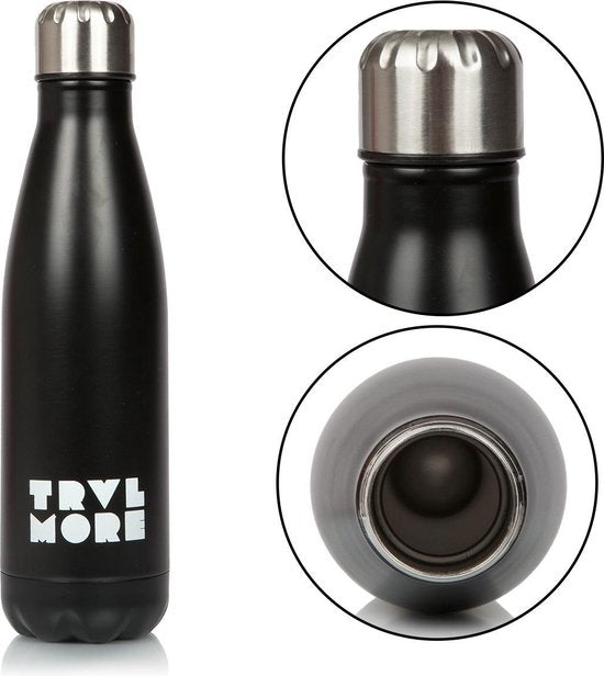 TravelMore Edelstahl-Trinkflasche – Sport-Thermobecher – Wasserflasche mit Kühl- und Wärmeisolierung – Isolierte Trinkflasche – Auto – Fitness – Outdoor – Laufen – Erwachsene – BPA-frei – Doppelwandig – Stiel – Stahl – 500 ml – Schwarz