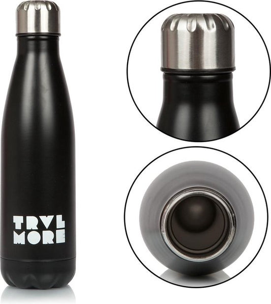 TravelMore Edelstahl-Trinkflasche – Sport-Thermobecher – Wasserflasche mit Kühl- und Wärmeisolierung – Isolierte Trinkflasche – Auto – Fitness – Outdoor – Laufen – Erwachsene – BPA-frei – Doppelwandig – Stiel – Stahl – 500 ml – Schwarz