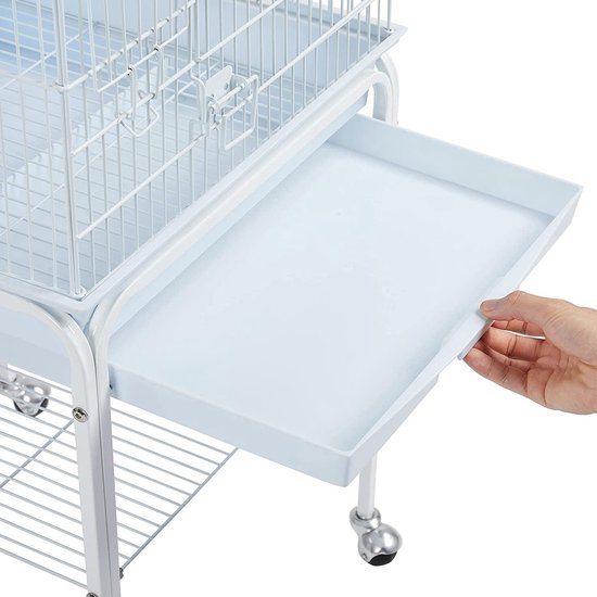 Yaheetech Vogelkäfig für Wellensittiche, Kanarienvögel und Papageien – mit Ständer, Spielzeug und Stauraum – Weiß – 46,5 x 46,5 x 136 cm