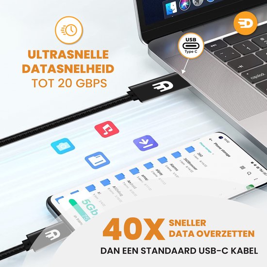Drivv. USB C Kabel zu USB C 3.2 - 100w Schnellladegerät - 3 Meter - 4K 60Hz - 20GBs - Geeignet für Samsung, Macbook, iPhone 15 & mehr - Nylon Kabel - Schwarz