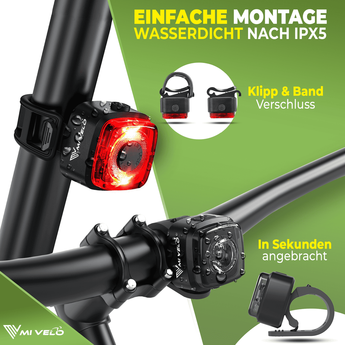 Mivelo - LED Fahrradlicht-Set - USB aufladbar - mit Bremslicht - Schwarz