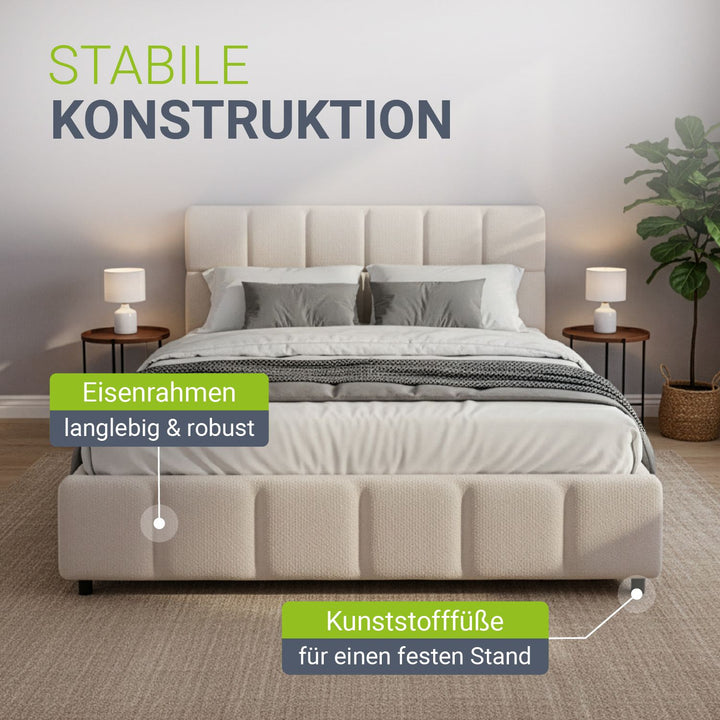 Juskys Polsterbett „Florence“ – 140 x 200 cm – Bouclé, cremefarben – mit Kopfteil und Lattenrost
