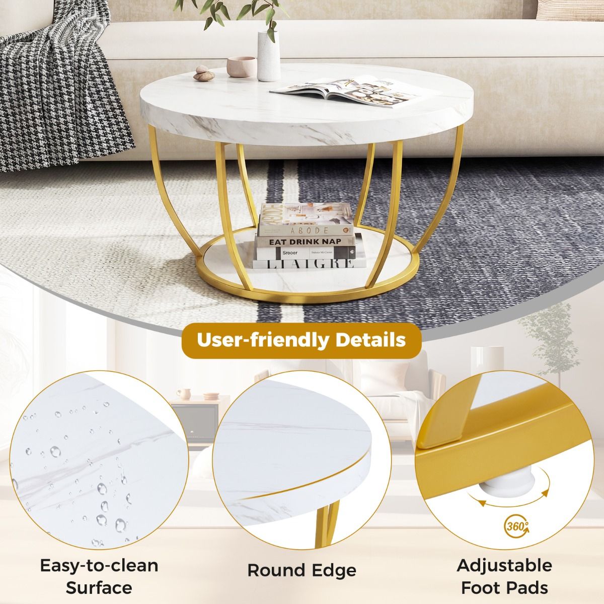Coast Runder Couchtisch – 2 Ebenen – Metallgestell – weiß – 80 x 45 cm