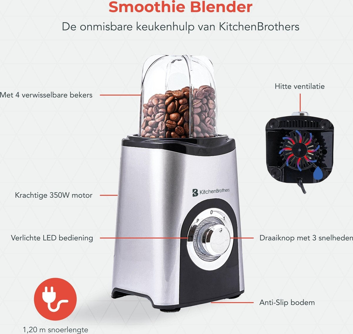 KitchenBrothers Smoothie Mixer - 13-teiliges Set - 4 Becher - Smoothie Maker To Go - 350W - Edelstahl