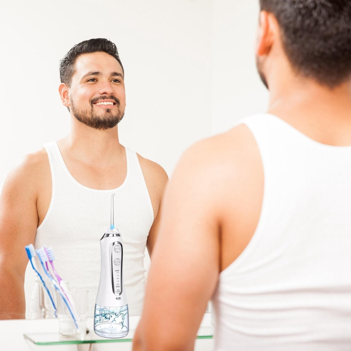 BOME Water Flosser mit 7 Aufsätzen - Mundspülung - Zahnstein vorbeugen - kabellos - 5 Stufen - Weiß