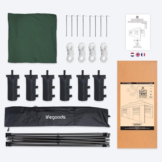 LifeGoods Partytent - Paviljoen - 3x6 m - Zijwanden - Easy Up - Opvouwbaar - Waterdicht - Draagtas met Wieltjes - Donkergroen
