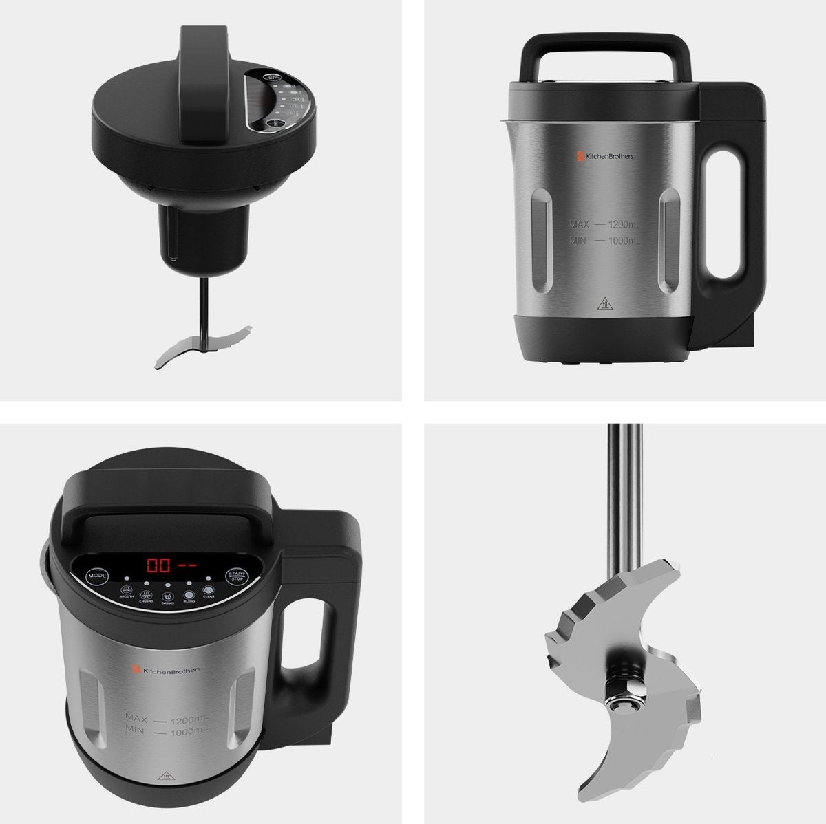 KitchenBrothers Suppenzubereiter - Mixer - bis zu 800W - 1.2L - Edelstahl/Schwarz