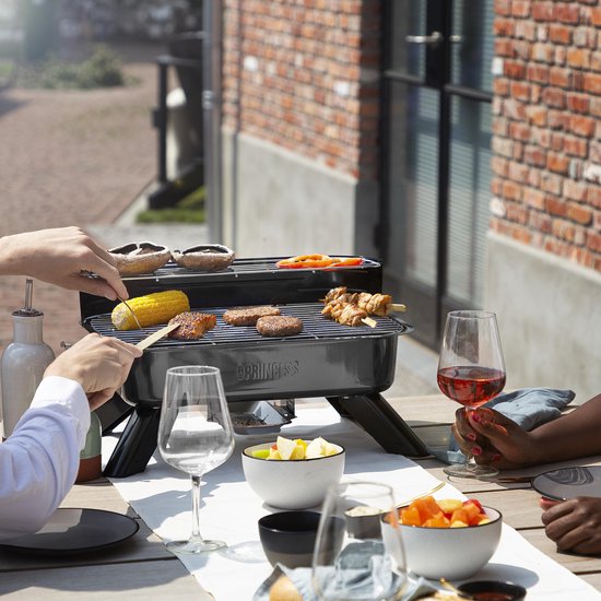 Princess 112252 Hybrid-Grill – 2000 W – Elektro- oder Holzkohlegrill – Kompaktes Tischmodell – Ideal für Balkon und Camping – 44 x 29 cm