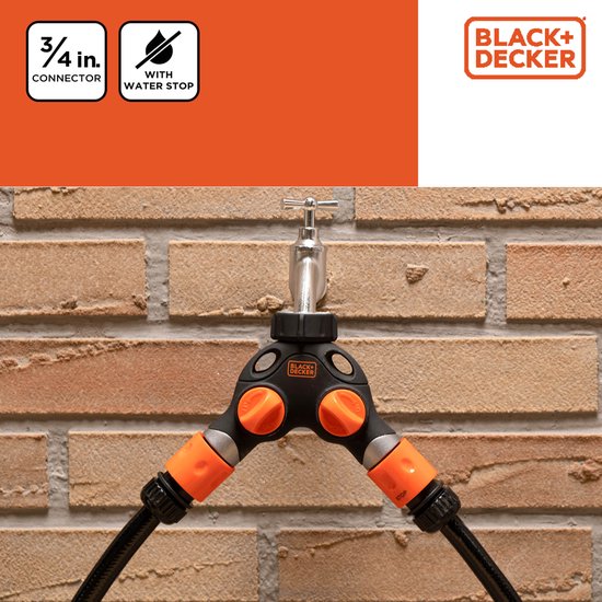 BLACK+DECKER Wasserhahnstück - 3/4 Zoll Anschluss - Wasserstop - 2-Wege-Verteiler - Schwarz/Orange