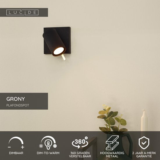 Lucide GRONY – Deckenstrahler (Deckenleuchte) – LED „Dim to warm“ – GU10 – 1×5 W 2200 K/3000 K – Schwarz