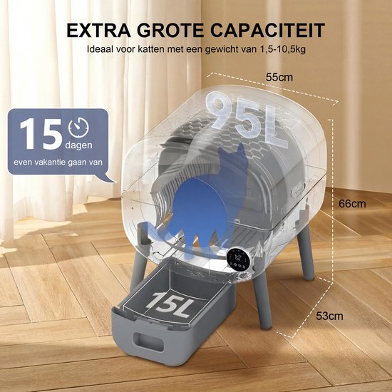 Selbstreinigende Katzentoilette – Automatische Katzentoilette mit großem Fassungsvermögen – XXL 95 l – Elektrische Katzentoilette – inkl. App-Steuerung, Katzentoilettenmatte und 3 Rollen Auffangbeutel