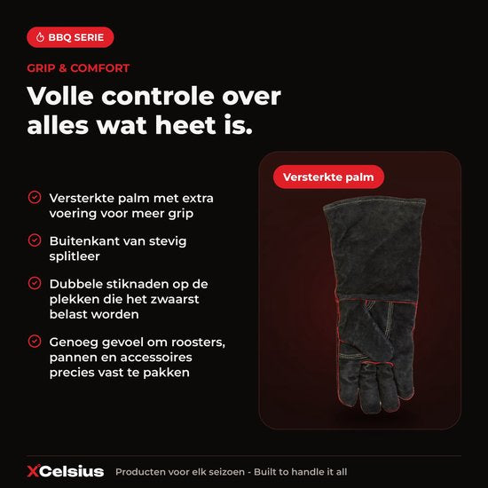 XCelsius® BBQ-Handschuhe aus Spaltleder – TÜV-zertifiziert nach EN 407 – Hitzebeständige Grill- und Ofenhandschuhe – Für Kamado, Gusseisen, Roste und Hitzeschilde – Geschenke für Männer – 1 Paar – Schwarz mit Rot