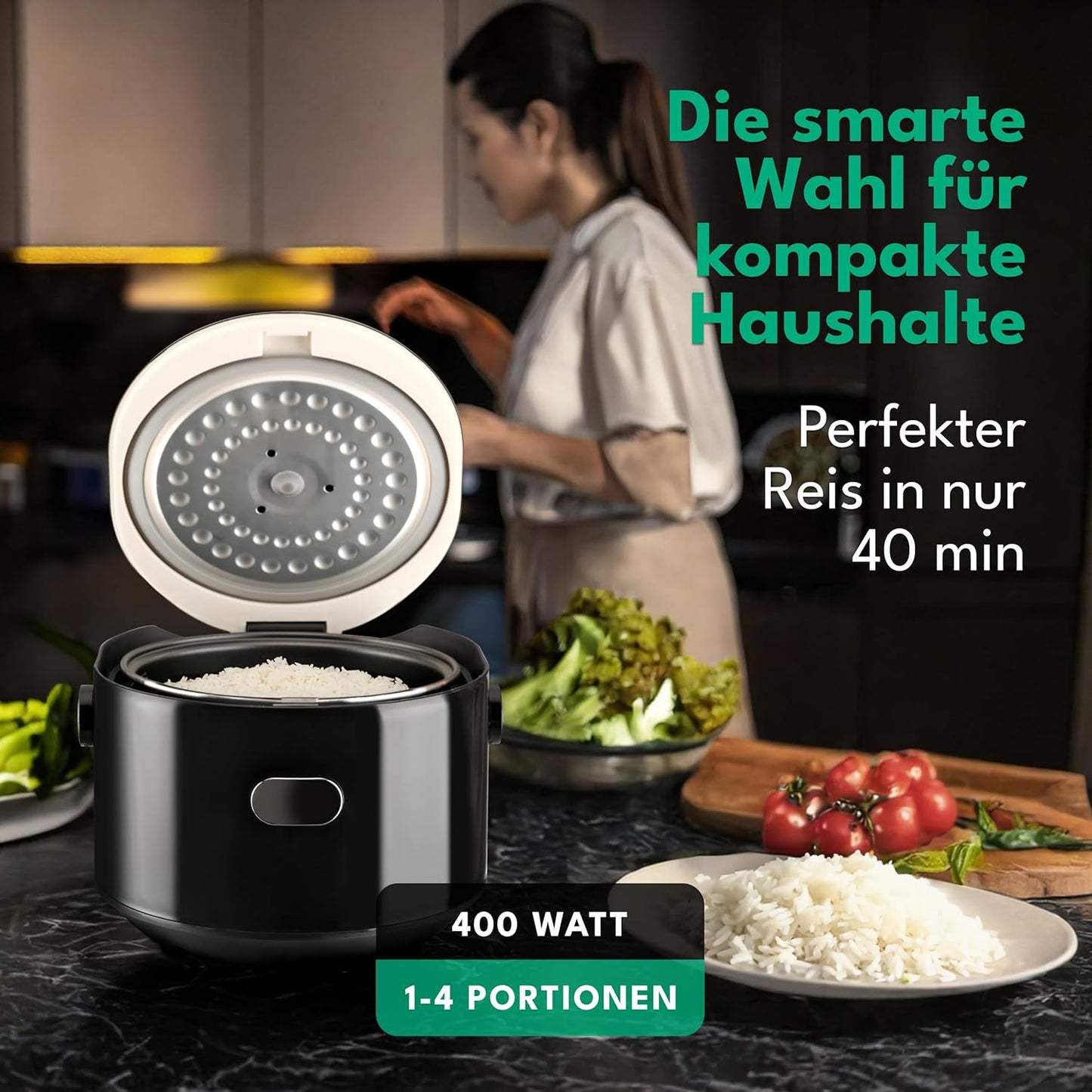 LEBENLANG Digitaler Reiskocher 0.8L - 400W - Schwarz - 30x26x22 cm - Mit Timer, Heizfunktion, Messbecher & Reislöffel