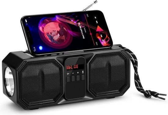 Denver Notfallradio - Bluetooth-Lautsprecher - Solar-Powerbank - 80W - FM-Radio - Taschenlampe - USB - BTG158 - Schwarz