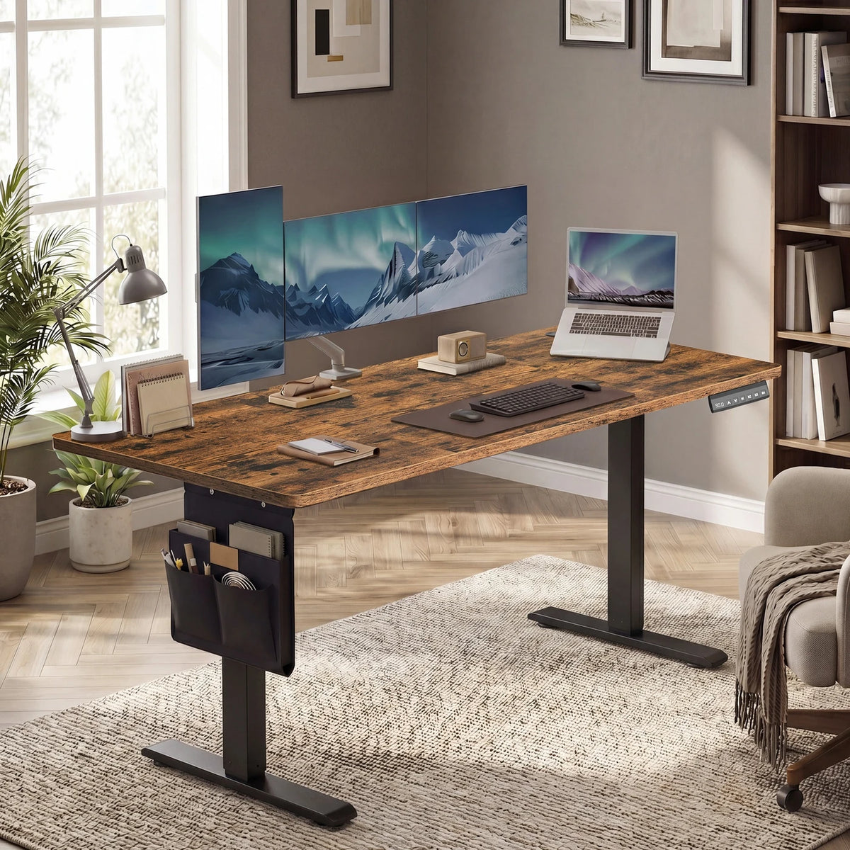 Joyfurnos Elektrischer Steh-Sitz-Schreibtisch 140 x 60 cm – Höhenverstellbar mit Speicherfunktion – USB-C – Braun