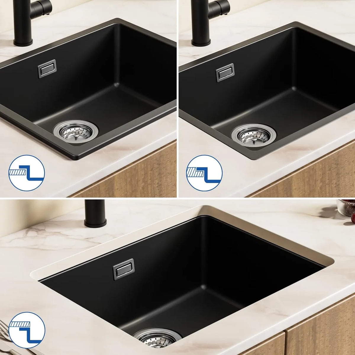 Cecipa Max Granit-Spülbecken 55 x 44 cm – Unterbau und Aufsatz – Geräuschdämpfend mit Siphon – Schwarz