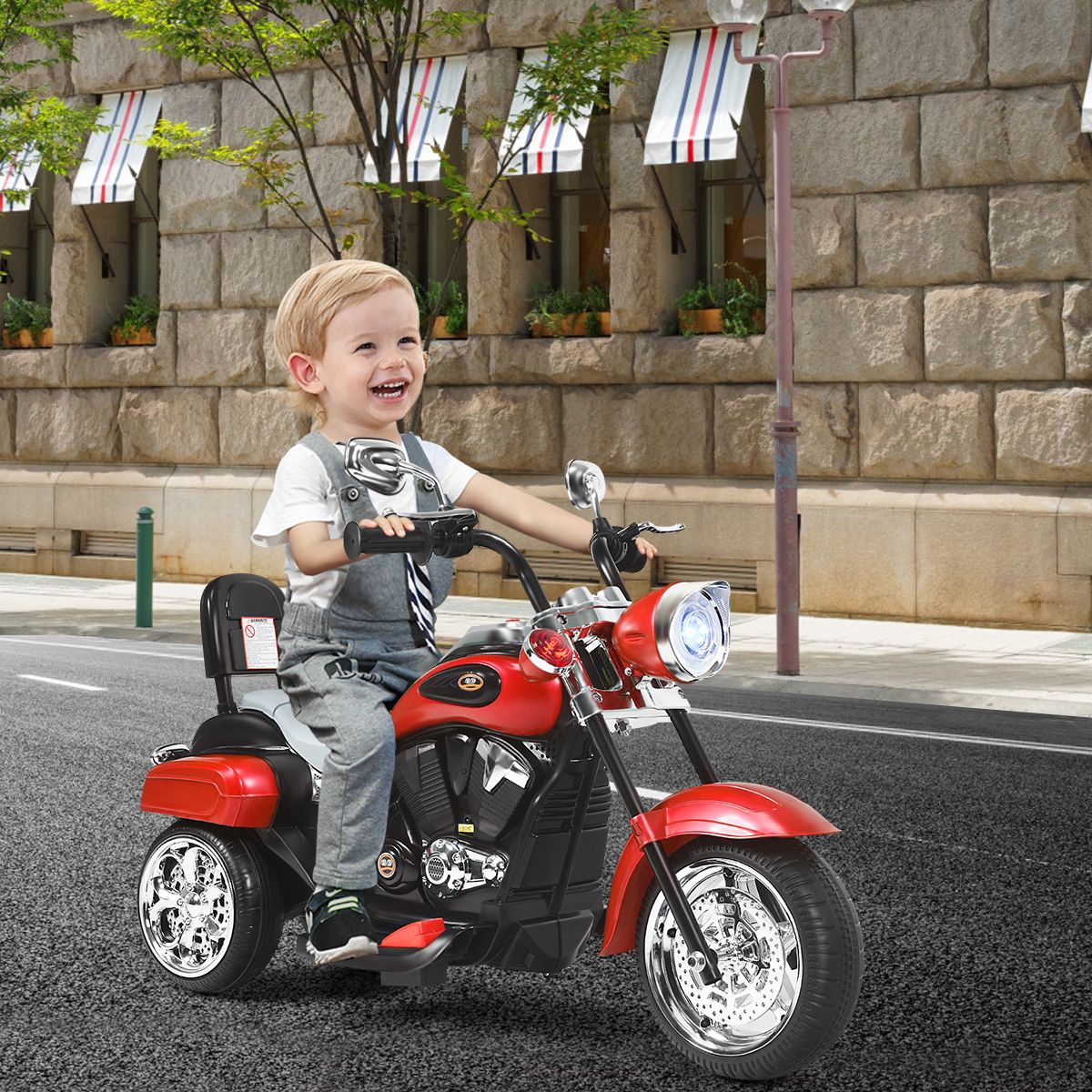 Coast Elektrisches Kindermotorrad – Dreirad mit verstellbarem Scheinwerfer und Hupe – Rot und Schwarz