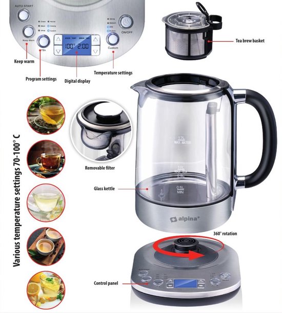 alpina Wasserkocher mit Teekorb - 1,7 L - 2200 W - Wasserkocher - Teezubereiter - Wasserkocher - Warmhaltefunktion - Trockengehschutz - Digitalanzeige - Edelstahl - Glas