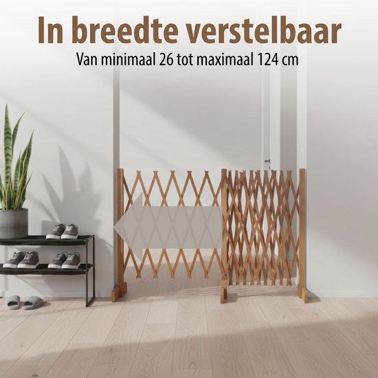 maxxpro Ausziehbares Hundegitter – Ausziehbares Sicherheitsgitter 26–124 cm – für Treppen oder Türöffnungen – Treppengitter ohne Bohren – Hundegitter für drinnen und draußen – Holz – 77 cm hoch