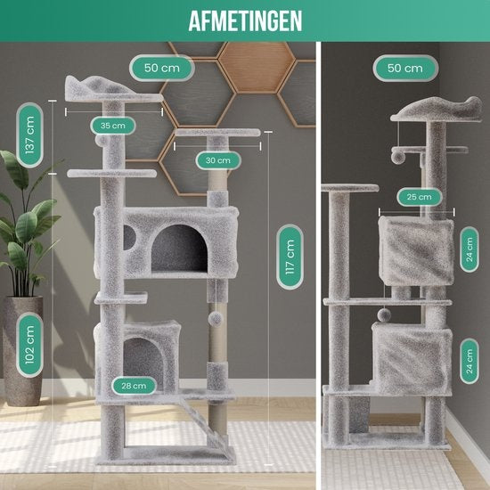 Avalo - Katzenkratzbaum - mit 7 Ebenen - 137x49x49 CM - für große Katzen - Hellgrau